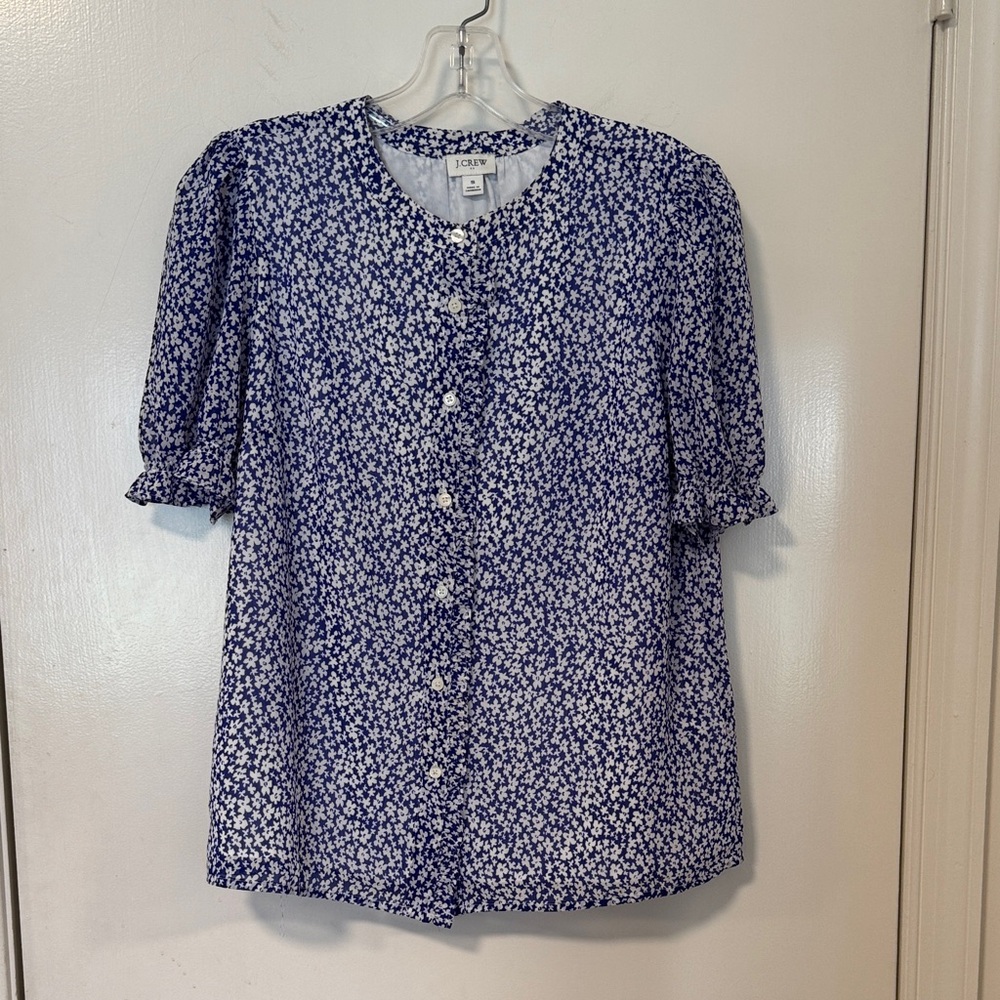 J. Crew Blue and White Floral Button-Front Top